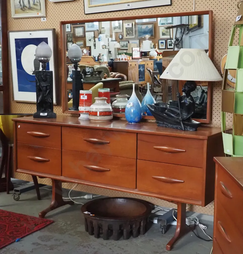 mid-century mahogany mirror-back duchess on ski base, w/6 drawers, large framed mirror , Nee's Dunedin label, minor Image 1++