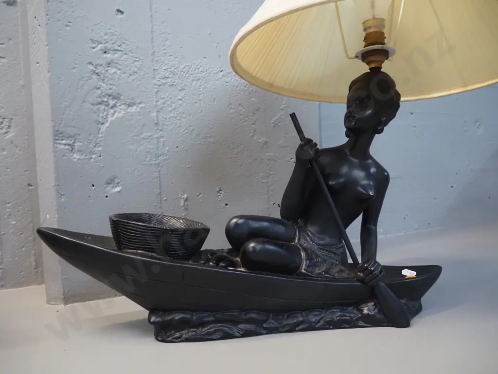 retro black finish composite figural table lamp w/ pleated shade H-480 L-480 Image 1++