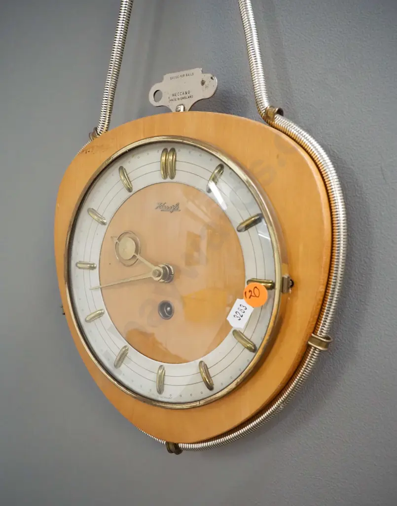 retro Kienzl timber cased wall clock with metal hanging cord, non-original Meccano key H-500 W-220 Image 1++