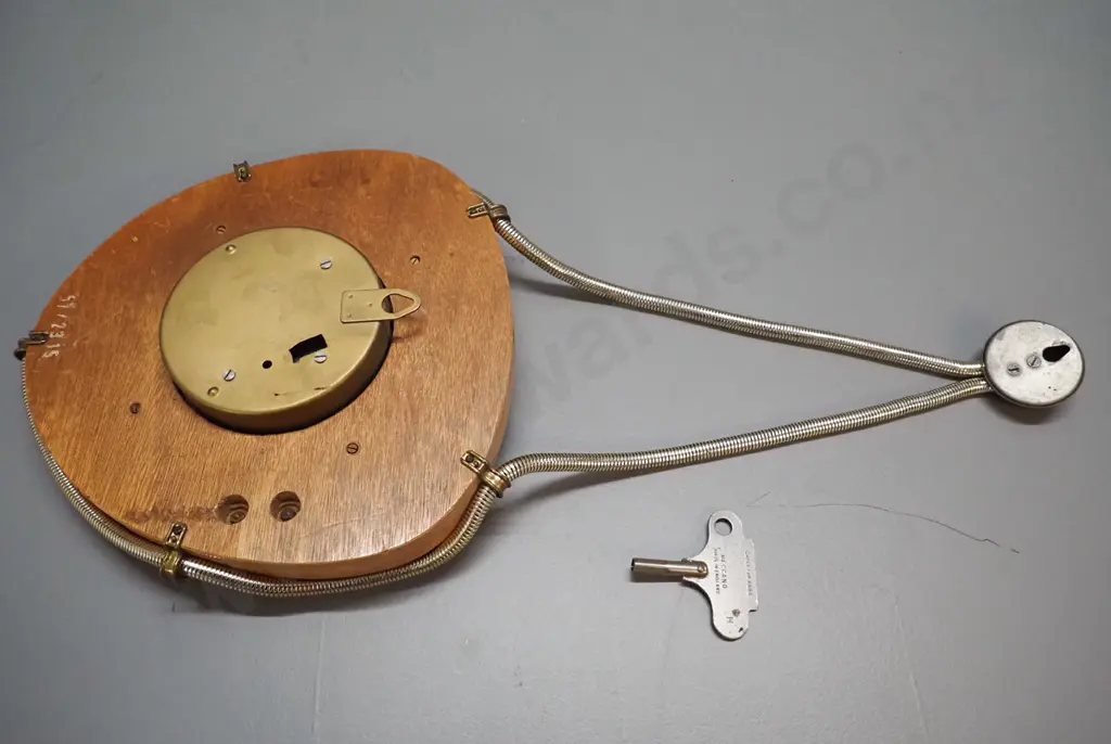 retro Kienzl timber cased wall clock with metal hanging cord, non-original Meccano key H-500 W-220 Image 1++