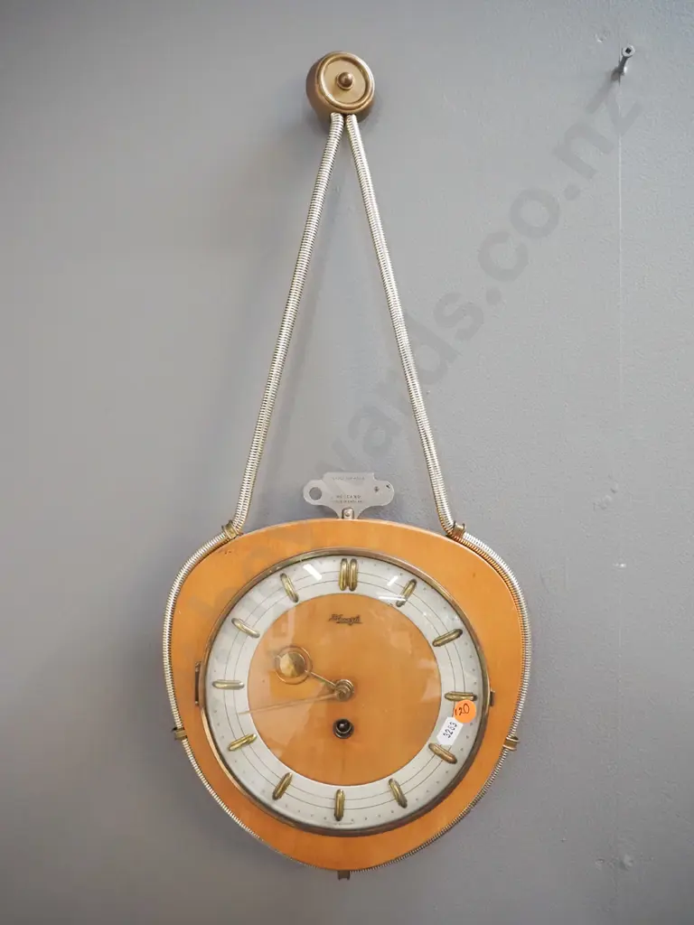 retro Kienzl timber cased wall clock with metal hanging cord, non-original Meccano key H-500 W-220 Image 1++