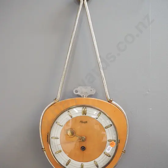 retro Kienzl timber cased wall clock with metal hanging cord, non-original Meccano key H-500 W-220