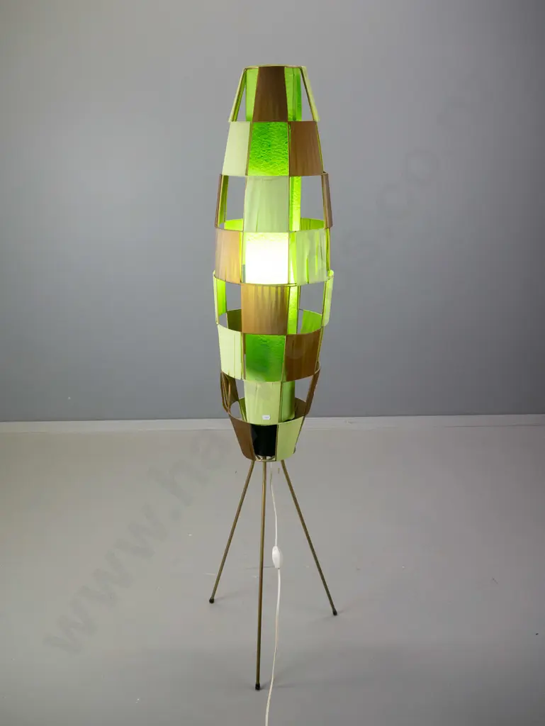 retro fabric with 3-legged metal frame floor lamp - panelled fabric and inner fibre shade - some discolouration and wear Image 1++