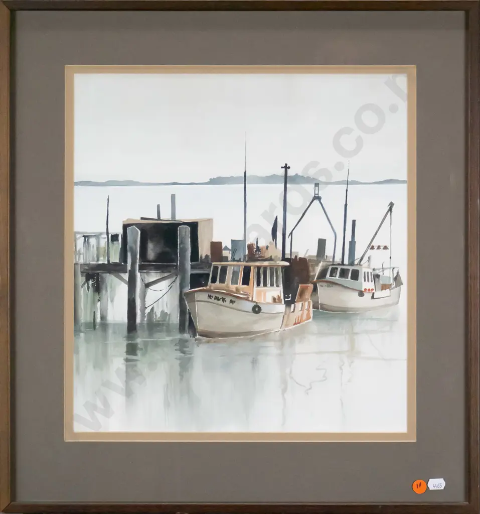 unsigned framed watercolour - fishing boats H-360 W-330 Image 1++