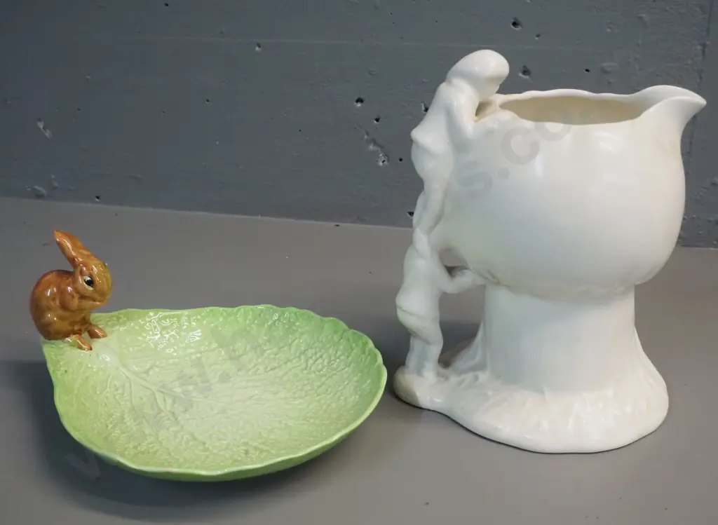 Sylvac comport shape cream glaze jug with children playing figural handle H-220 and a Crown Devon salad ware dish with Image 1++
