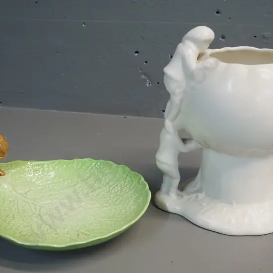 Sylvac comport shape cream glaze jug with children playing figural handle H-220 and a Crown Devon salad ware dish with