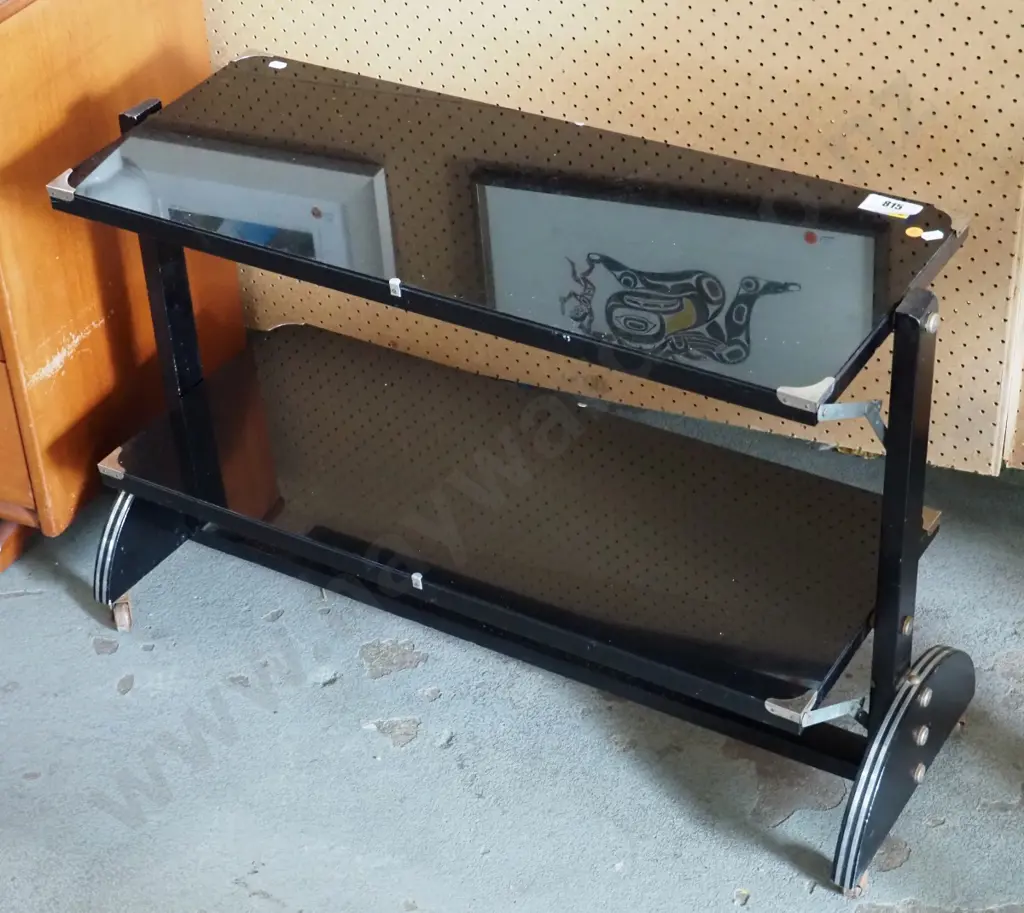 deco 2-tier tilting glass-top serving table on casters, with metal corner binding and casters - some corrosion to metal Image 1++
