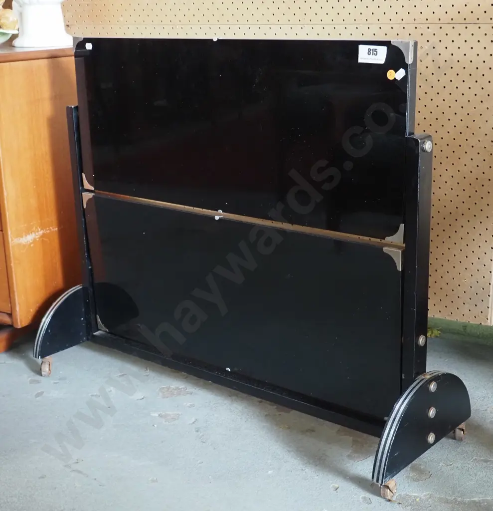 deco 2-tier tilting glass-top serving table on casters, with metal corner binding and casters - some corrosion to metal Image 1++