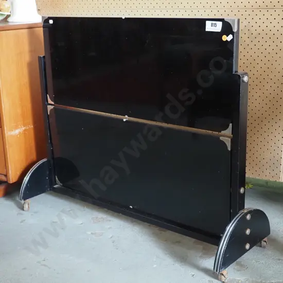 deco 2-tier tilting glass-top serving table on casters, with metal corner binding and casters - some corrosion to metal