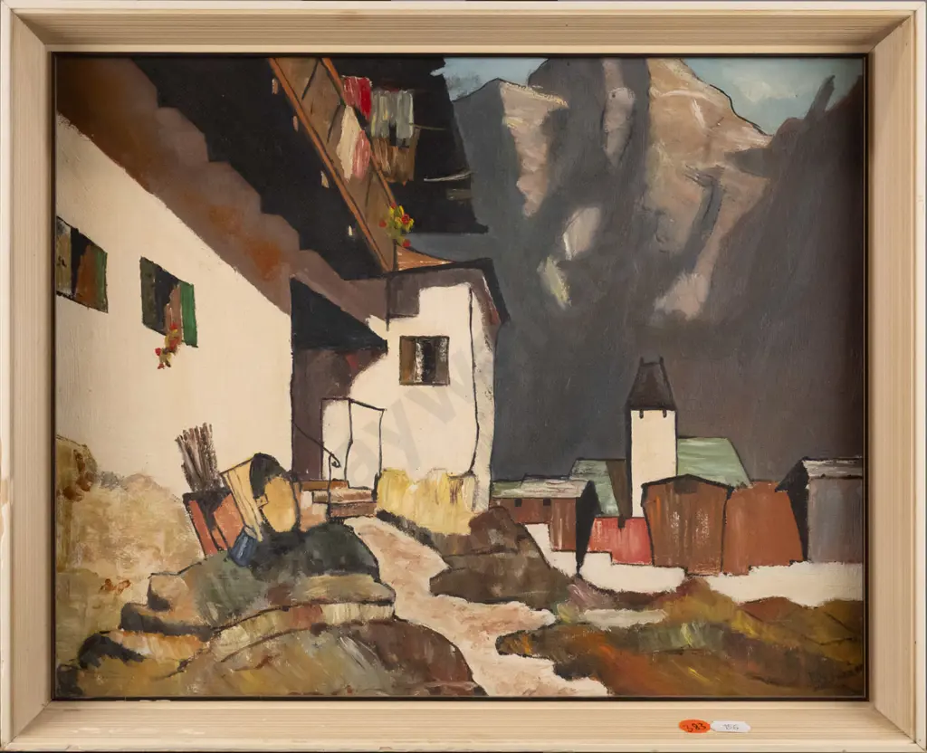 illegible signature - framed acrylic - village scene H-290 W-370 (slight damage to frame) H- Image 1++