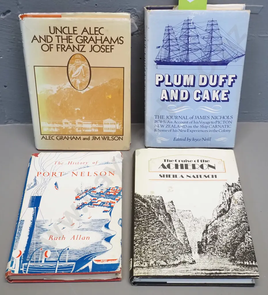 4 New Zealand books - Plum Duff & Cake (signed by author) Cruise of the Acheron, Pot Nelson, Marlborough etc. Image 1++