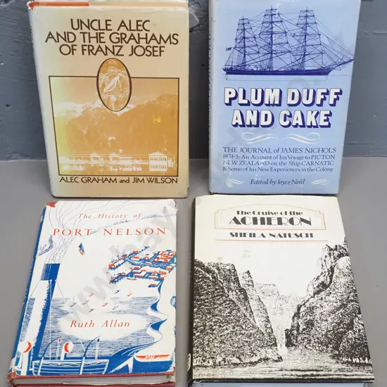 4 New Zealand books - Plum Duff & Cake (signed by author) Cruise of the Acheron, Pot Nelson, Marlborough etc.
