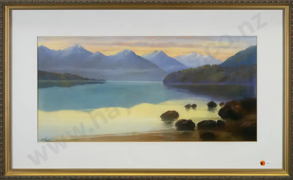 framed pastel - lake and mountain scene H-295 W-615 Image 1++