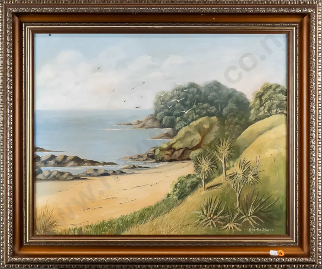 Robertha Holmes - framed oil - Matai Bay, Karikari Peninisula H-390 W-490 Image 1++