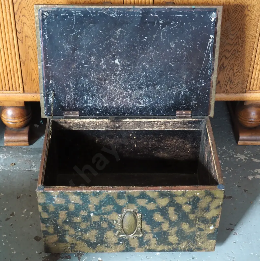 deco beaten brass sailing ship motif wood box - some verdigris H-330 W-580 D-380 Image 1++