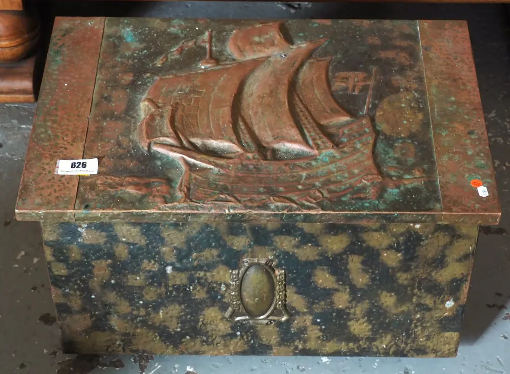 deco beaten brass sailing ship motif wood box - some verdigris H-330 W-580 D-380 Image 1++