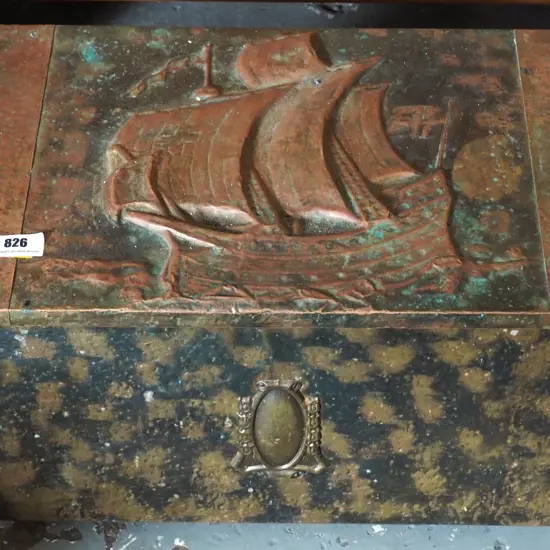 deco beaten brass sailing ship motif wood box - some verdigris H-330 W-580 D-380