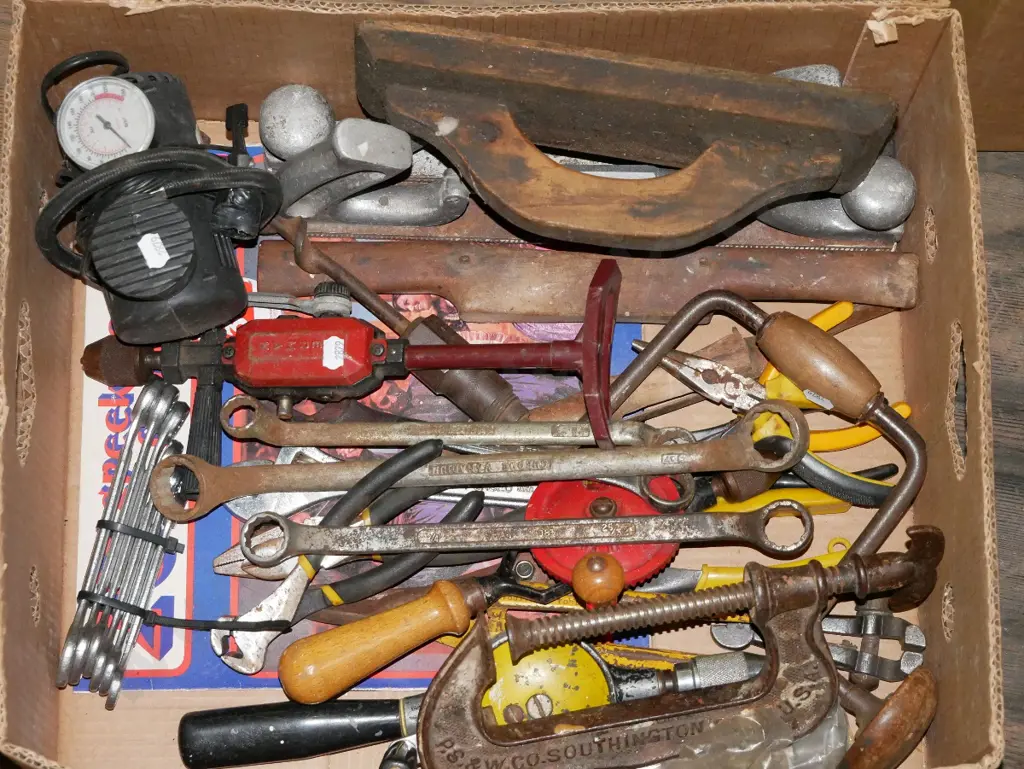 box; 12V tyre inflator, ring spanners, clamps etc Image 1++