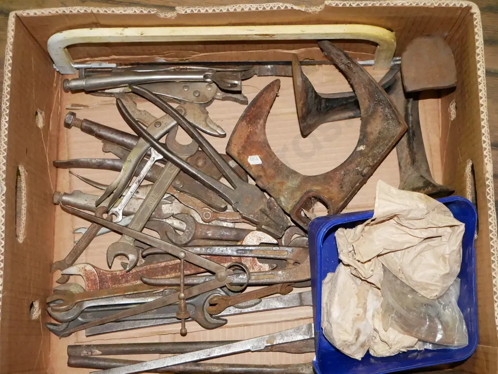 box; rusty spanners, vice grips, shoe lasts, hob nail boot tacks etc Image 1++
