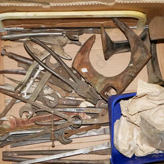 box; rusty spanners, vice grips, shoe lasts, hob nail boot tacks etc