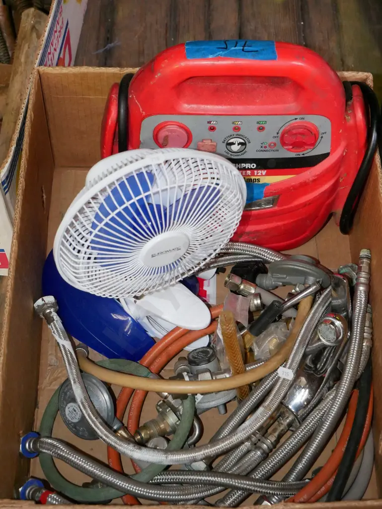 box; plumbing fittings, fan, jump starter pack - no charger Image 1++