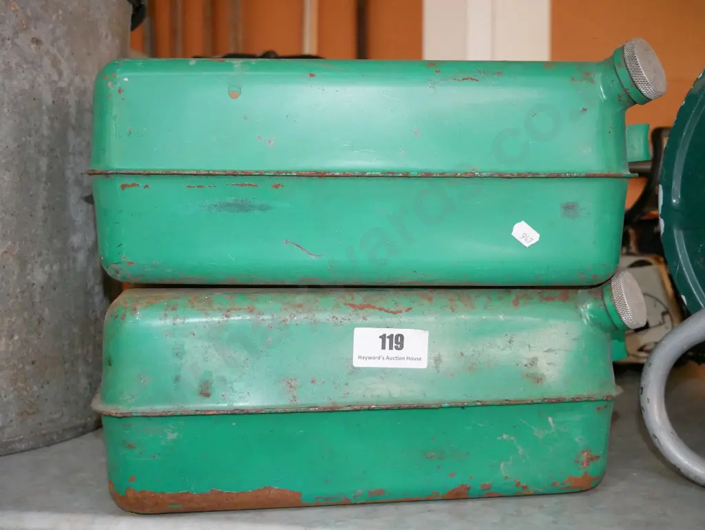 2x green metal petrol containers Image 1++