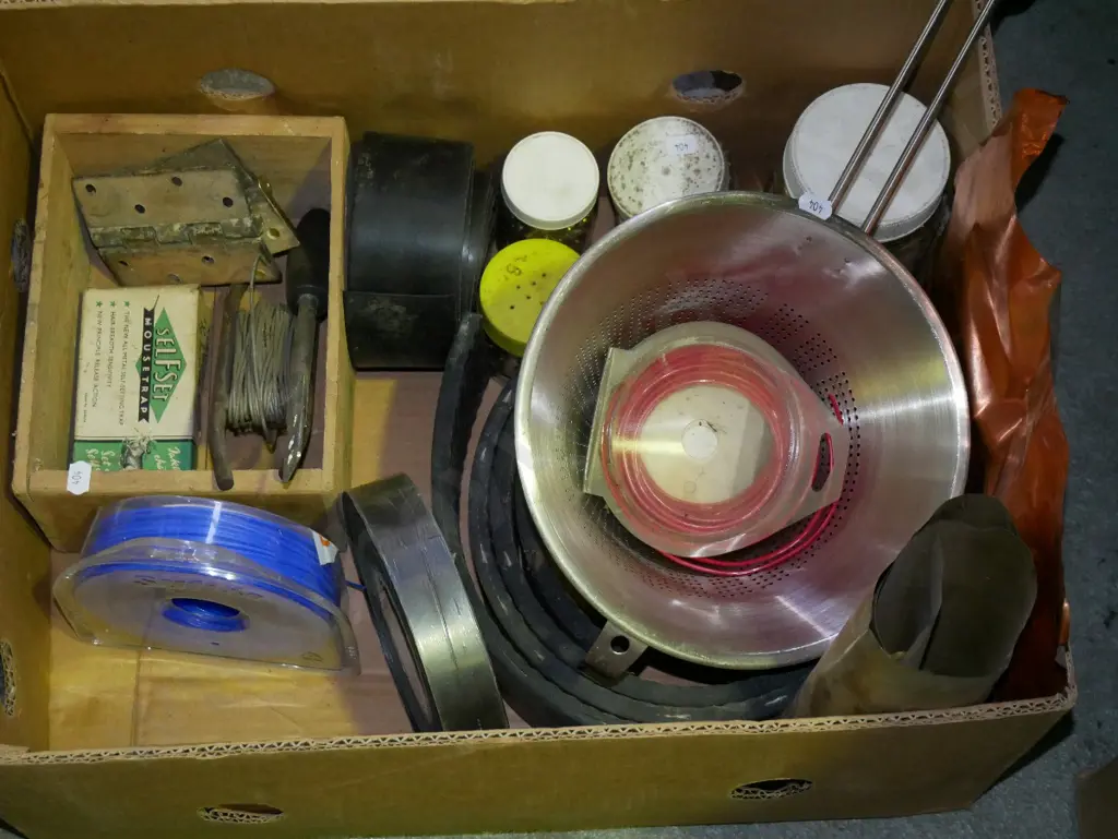 box; sieve, line trimmer line, copper and brass sheets etc Image 1++