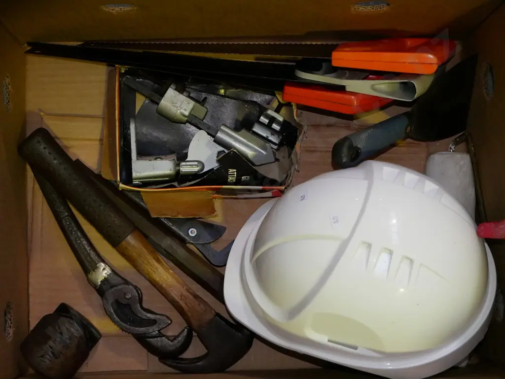 box; hard hat, hand saws, drill grinding attachment etc Image 1++