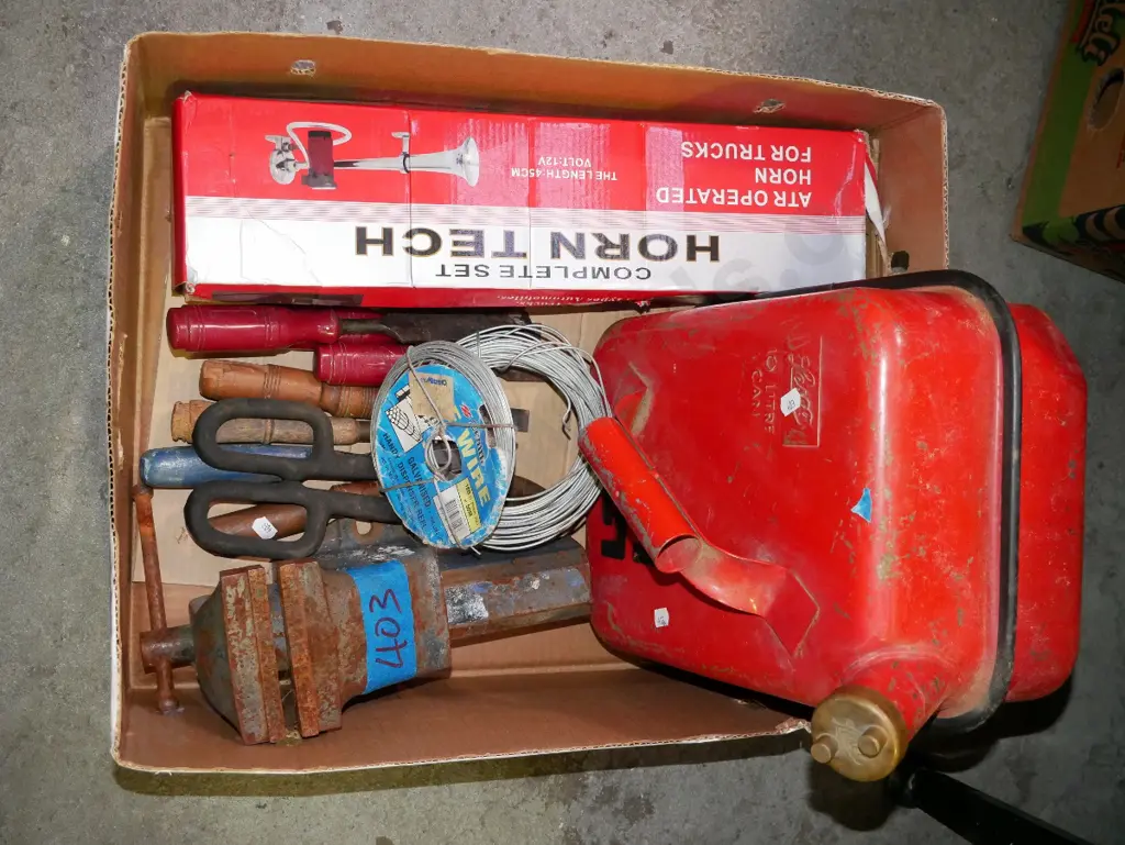 box; petrol tin, air horn, engineer's vice etc Image 1++