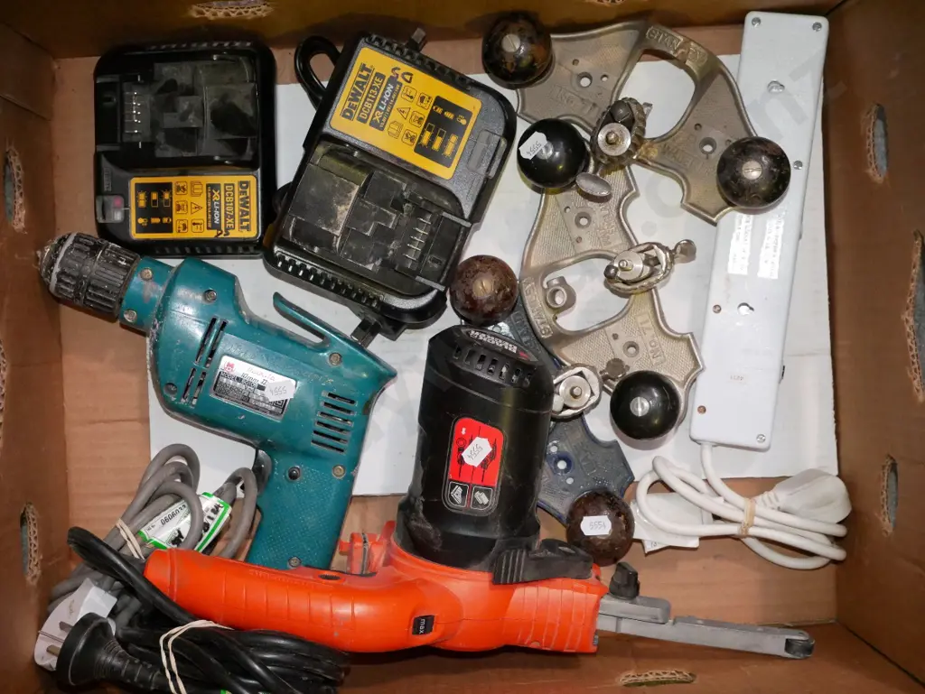 box; De Walt battery chargers, plunge planes, Black & Decker file sander etc Image 1++
