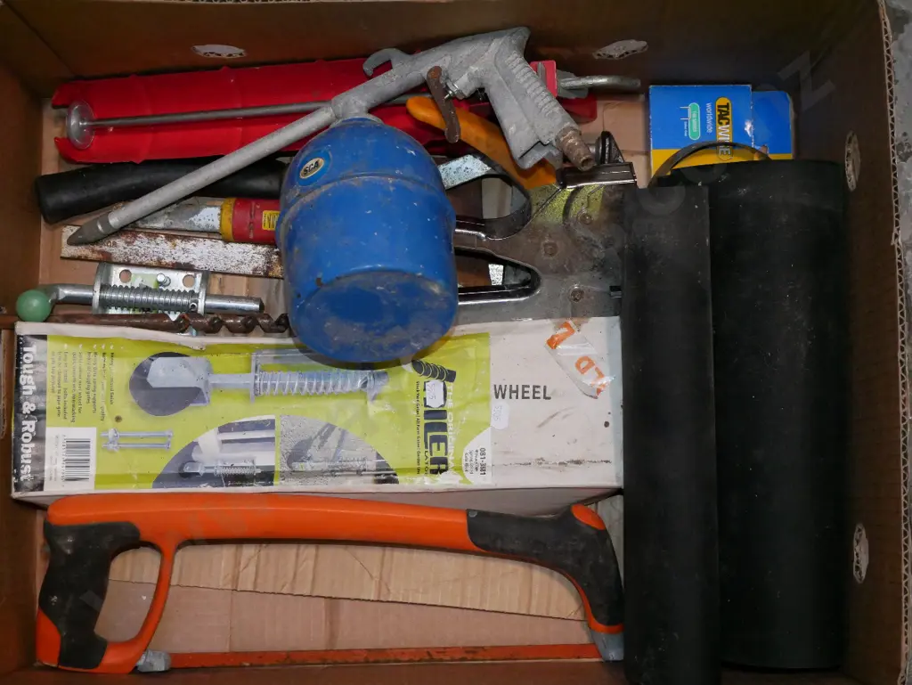 box; hacksaw, sprung gate wheel, caulking gun etc Image 1++