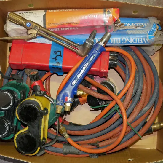 box; gas welding accessories, welding rods etc