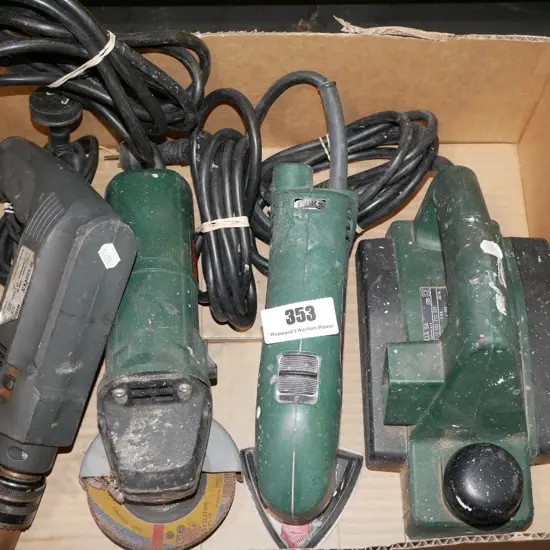 box; electric planer, detail sander, angle grinder, drill
