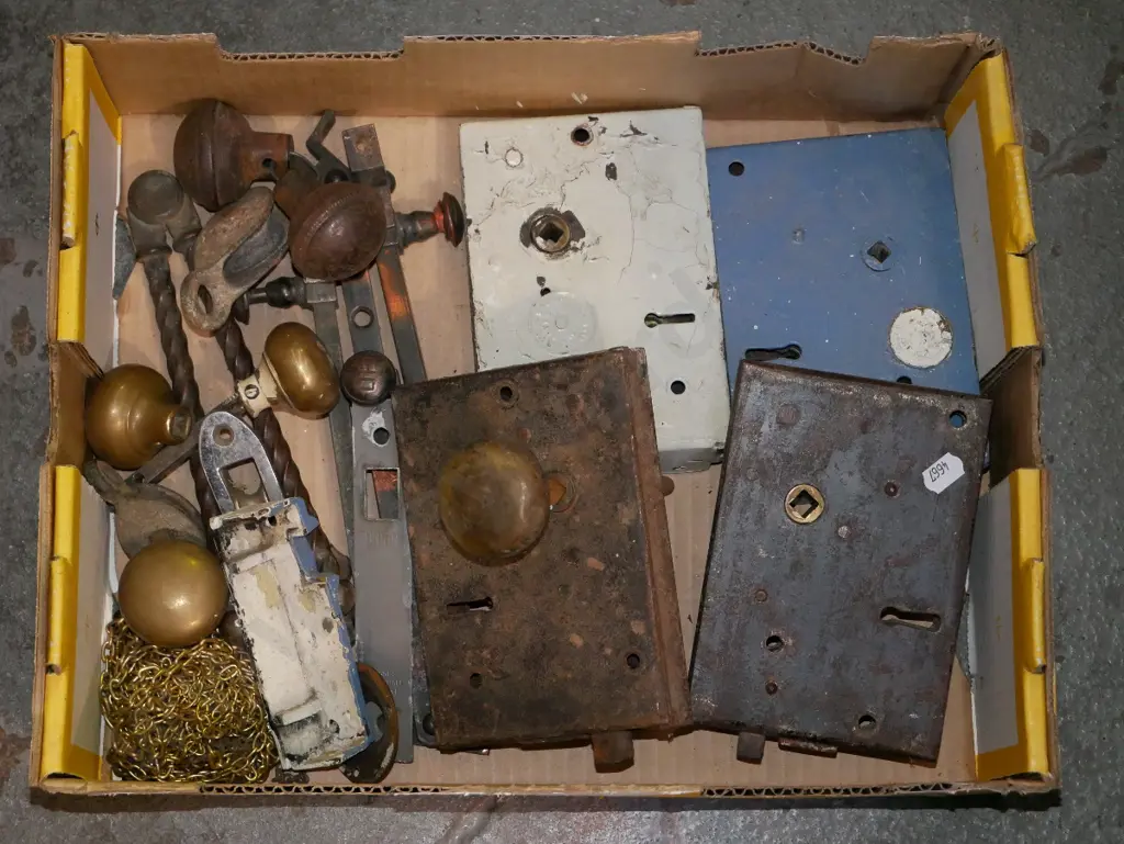 box; vintage door locks, window latches etc Image 1++
