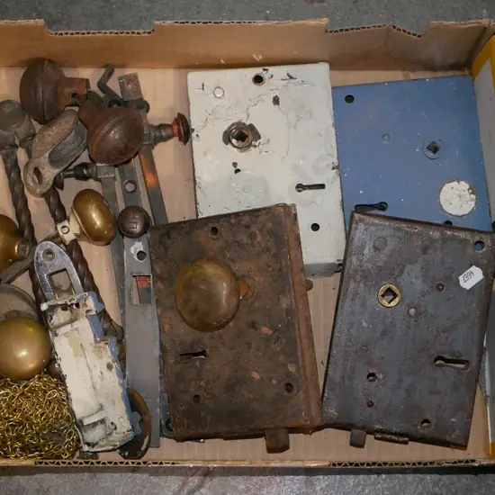box; vintage door locks, window latches etc