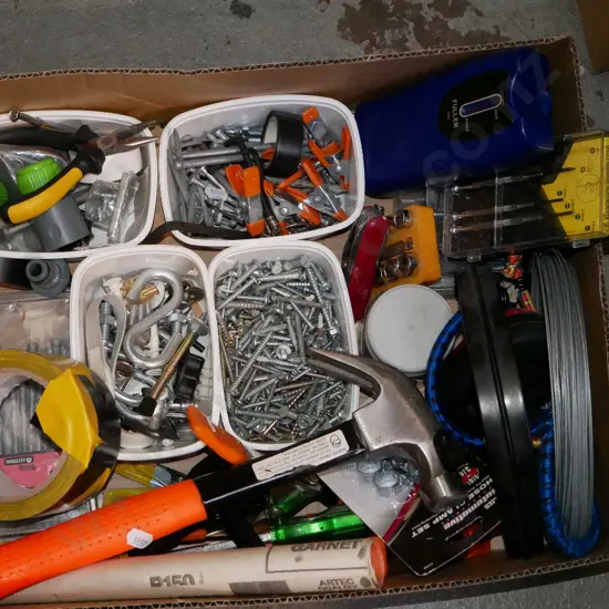 box; hammer, stud finder, nails, screws etc