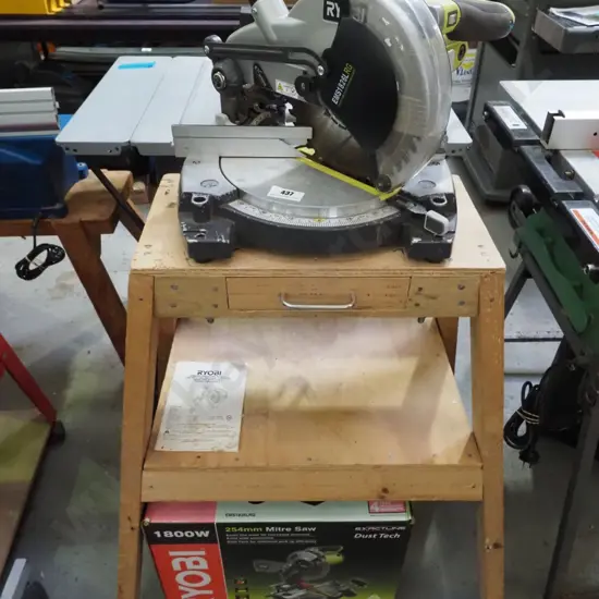 Ryobi compund mitre saw on homemade stand and accessories