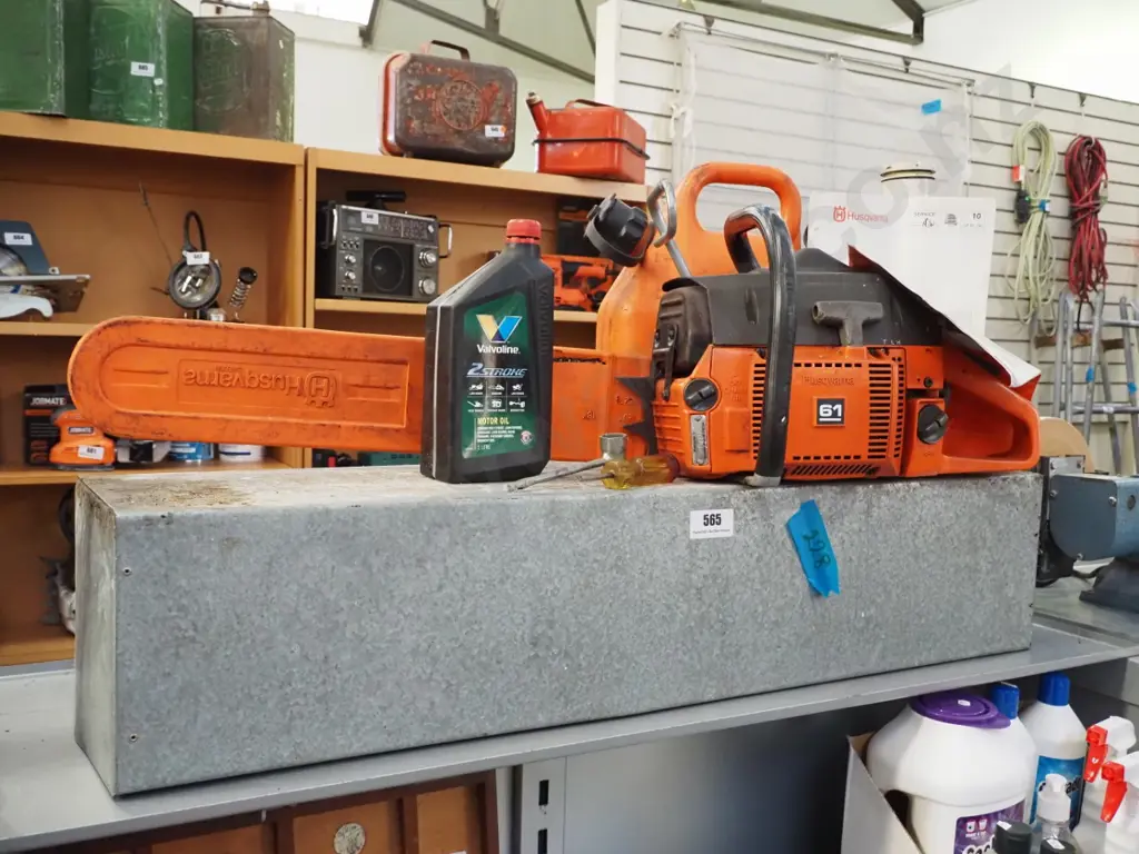 Husqvarna 61 chainsaw with tin case, fuel container, files etc Image 1++