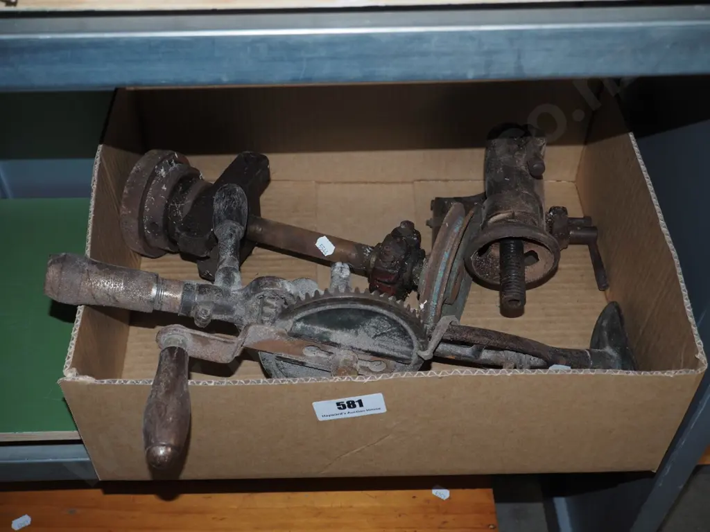 box; vintage egg beater drill, lathe parts Image 1++