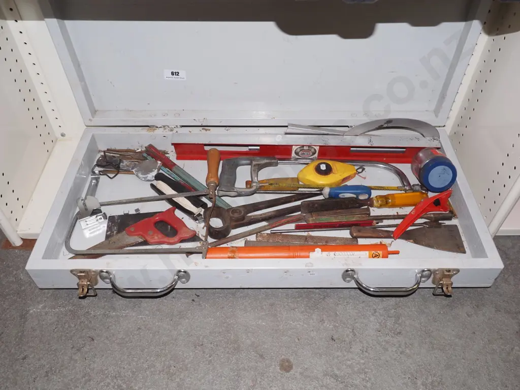 wooden tool box; hack saw, builders level etc Image 1++