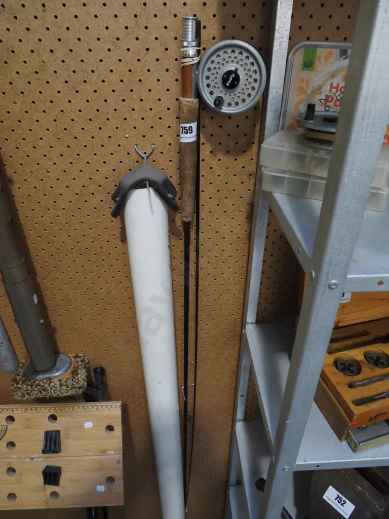 fly fishing rod with trout flies, sinking line, spear spool, plastic pipe carry case Image 1++