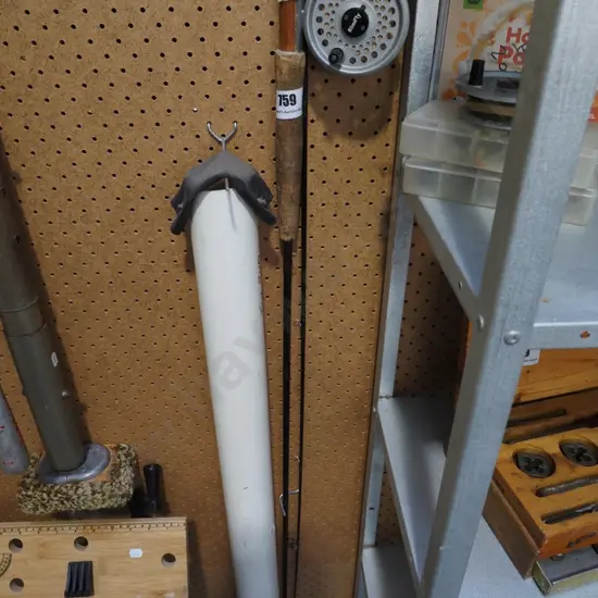 fly fishing rod with trout flies, sinking line, spear spool, plastic pipe carry case