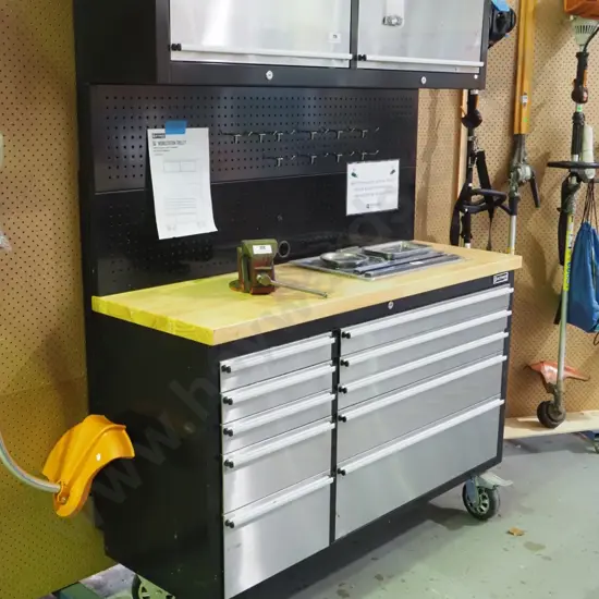 Ultimate storage work station trolley with 10 drawers and 2 overhead cabinets H-1880 W-1400 D-530