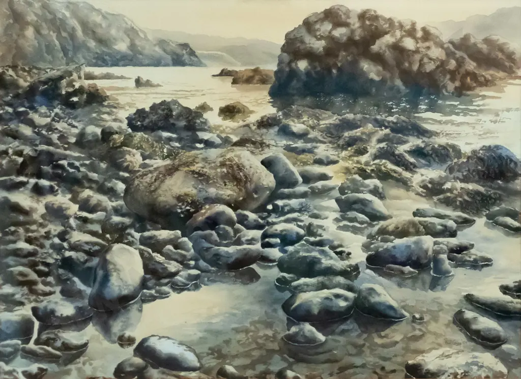 Paul Coney '83 - framed watercolour - coastal scene H-520 W-720 Image 1++