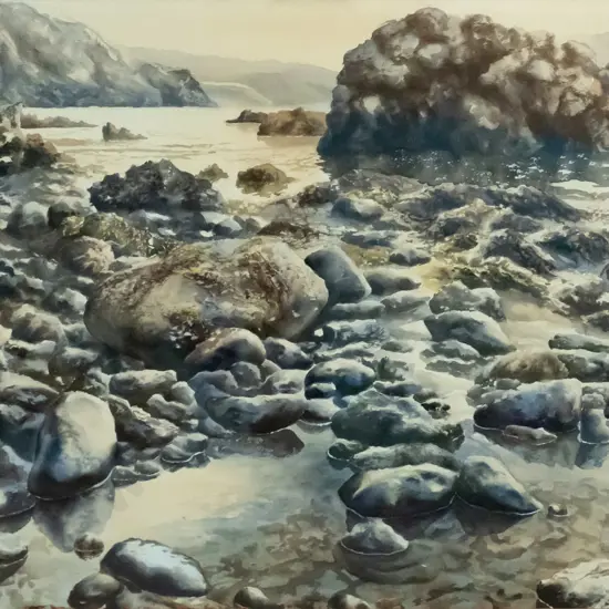 Paul Coney '83 - framed watercolour - coastal scene H-520 W-720