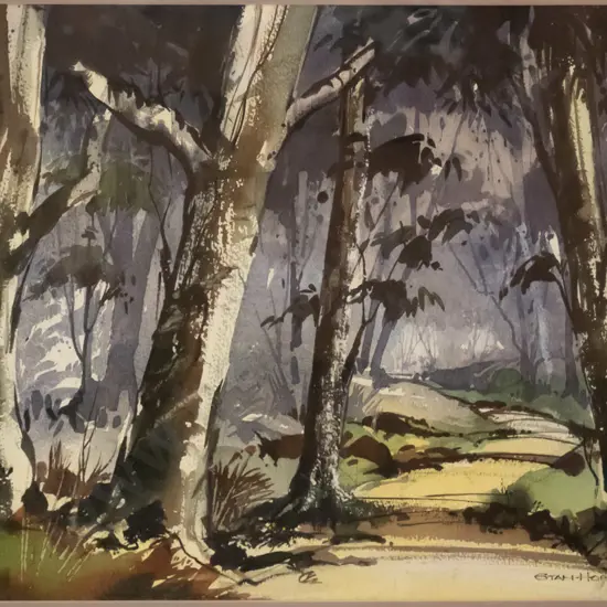 Stan Hopkins '84 - framed watercolour "Sunlit Walk, Town Belt" H-340 W-500