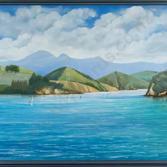 Doug McArthur - framed acrylic - Otago Harbour H-470 W-590