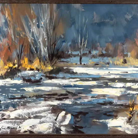 Douglas Badcock - framed oil "Arrow River Thaw - Sunrise" H-360 W-490