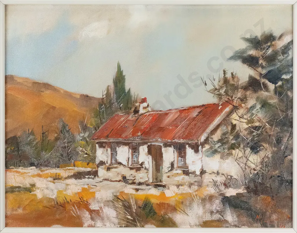 Charles D McKenzie 1966 - framed oil "Sunlit Cottage, Burkes Pass Area" H-340 W-440 Image 1++