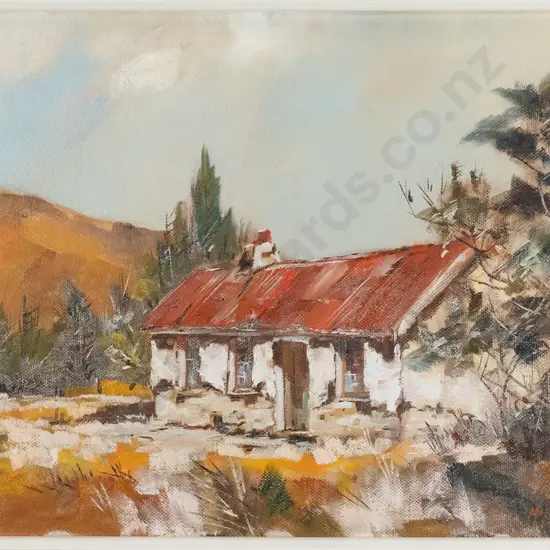Charles D McKenzie 1966 - framed oil "Sunlit Cottage, Burkes Pass Area" H-340 W-440